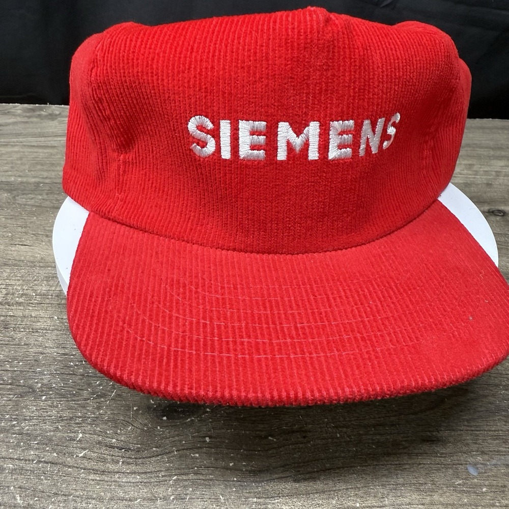 Vintage Siemens Red Corduroy Snapback Trucker Hat Mens Retro Cotton Cap